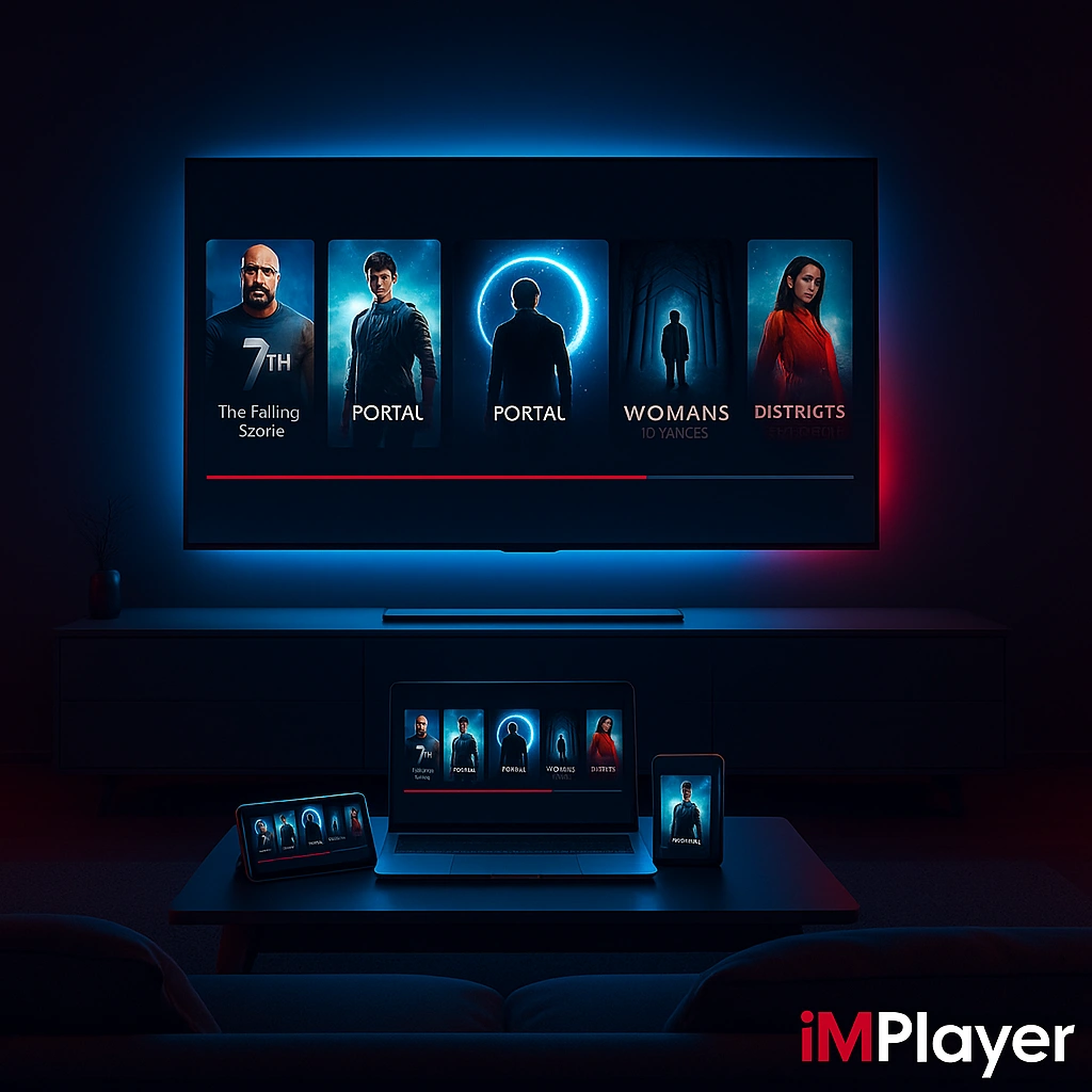 Sleek hero banner showing a futuristic living room with a large smart TV and multiple devices streaming seamlessly, in a dark theme with IMPlayer branding.