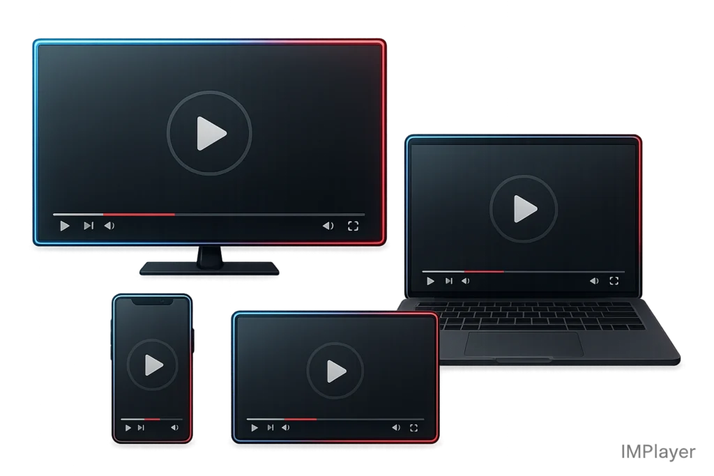 Flat-lay of a TV, smartphone, laptop, and tablet with synchronized streaming screens, glowing neon blue and red accents, and an IMPlayer logo watermark.