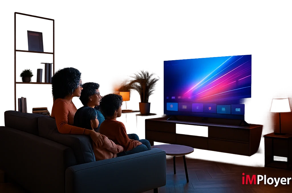 A diverse family of four in a modern living room watching a glowing flat-screen TV, with cinematic lighting, minimalist décor, and a small IMPlayer logo watermark.