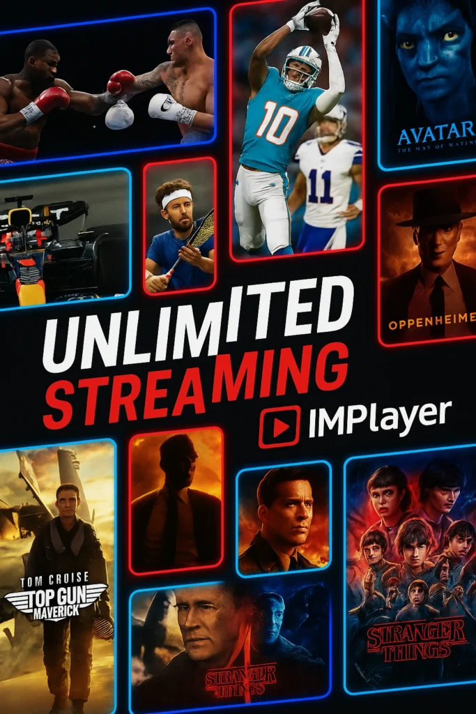 Bold promotional collage with a grid of sports, movies, and TV show stills outlined in neon red and blue, dark background, and IMPlayer logo watermark.